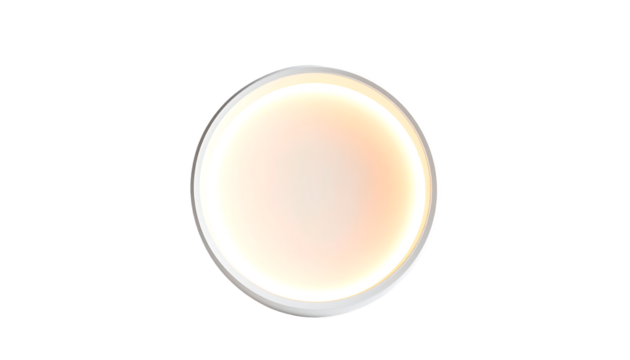 Circular, flush-mount light fixture with a bright, warm-toned, diffused light emanating from its center, framed by a slim, metallic bezel