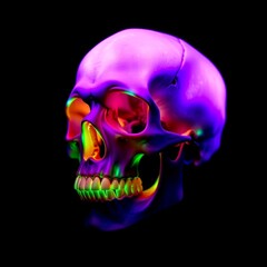 Colorful Skull in Darkness: A vibrant and artistically rendered skull, illuminated with a spectrum of colors against a stark, dark background.