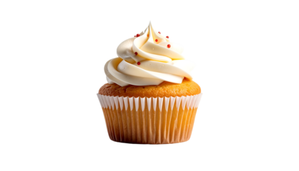 A single vanilla cupcake with swirls of creamy frosting, topped with red sprinkles, sits in a paper liner against a black background