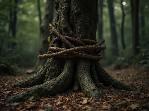 Climbing rope tied around tree root on forest floor