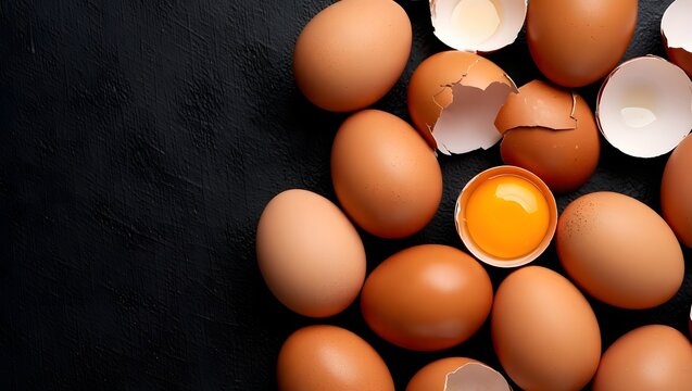Fresh eggs on a dark surface with shells and yolk ready for cooking or baking use