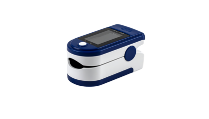 A compact, two-toned blue and white pulse oximeter with a digital display and finger slot.  It's designed for convenient at-home health monitoring
