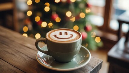 Festive cheer with happy face latte art, perfect for holiday marketing campaigns and creating cozy winter vibes, it evokes joy and comfort
