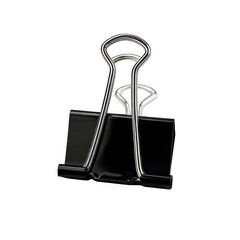 Sleek black binder clip with silver metallic arms, isolated on white. Perfect for office supplies, organization, or minimalist design projects.