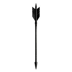 A digitally rendered, dark gray arrow, vertically oriented against a black background; detailed fletching and shaft visible