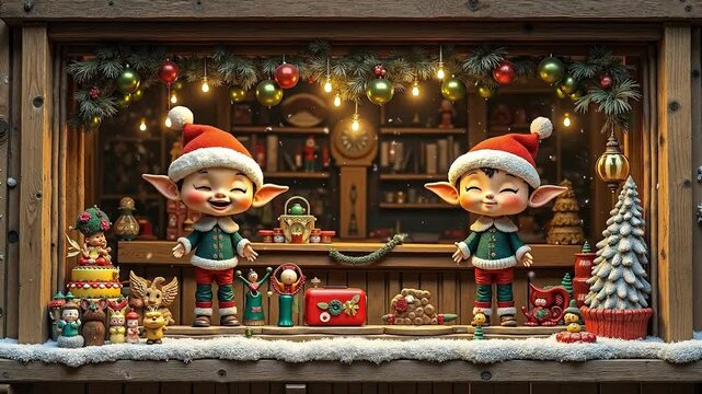 A couple of elves standing in front of a window with Christmas decorations