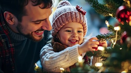 A man and a little girl decorating a Christmas tree together - Powered by Adobe