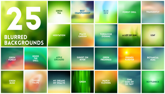 BIG set of 25 square blurred nature green backgrounds. With various quotes. Sunset and sunrise sea forest blurred green background