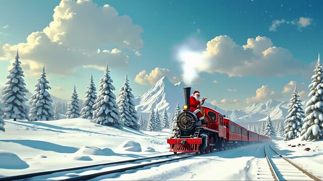 A santa claus riding on the back of a red train in the snow