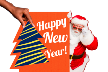 Composite trend artwork image 3D photo collage of newyear merry christmas holiday winter aged man santa claus watch eve tree greeting card