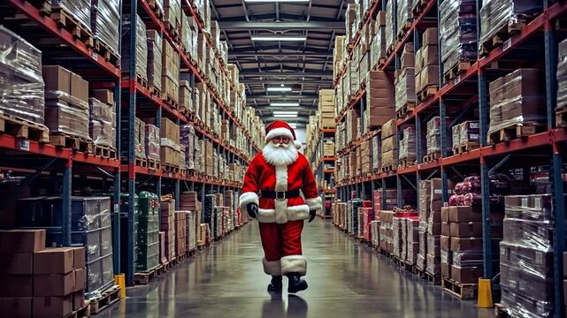 A man dressed as Santa Claus walking through a warehouse filled with boxes