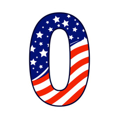 Patriotic number zero with American flag texture for July 4th designs