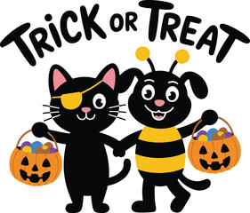 Halloween cat and dog trick or treat silhouette cute vector