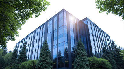 Obraz premium Modern office building with reflective glass facade surrounded by green trees under bright sunlight, showcasing contemporary architecture and natural environment harmony