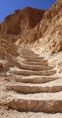 Ancient stone steps ascend a rugged desert canyon under a clear blue sky.