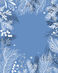 Christmas floral rectangle frame, Happy Holidays invitation card design vector. Elegant Happy New Year card with pine leaves, branches, snowflakes on blue background.