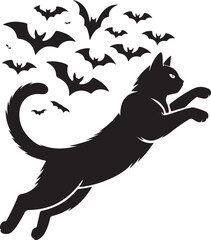 Halloween cat chasing bats silhouette vector