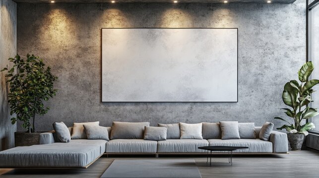 A modern living room, featuring a light gray sectional sofa, a large blank canvas, and a textured concrete wall, exudes a calm and sophisticated ambiance.