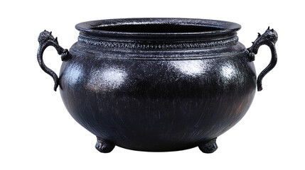 Dark iron cauldron with side handles, glossy 3D render, perfect for witchcraft theme, isolated on transparent background 