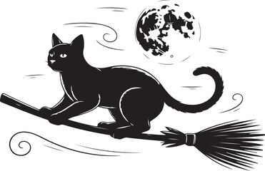 Halloween cat on broomstick silhouette vector design