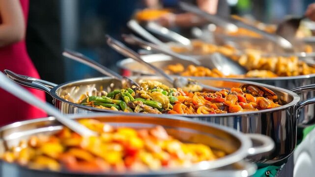 Metal chafing dishes warming indian food for catering event