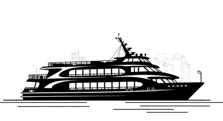 Obraz premium A sleek, modern passenger ferry gliding across calm waters under a stylized cityscape