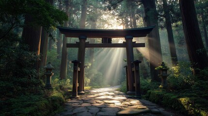 Naklejka premium Torii Gate in Mossy Forest with Sunbeams