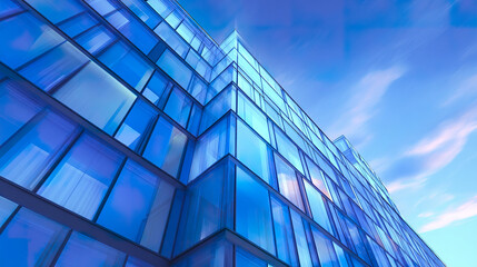 Obraz premium Modern glass office building with reflective windows under blue sky with soft clouds, showcasing sleek architecture and urban design in vibrant city atmosphere