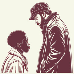 A man wearing a hat and coat looks down at a young boy wearing a coat conveying a sense of mentorship or guidance