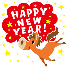 手描きのゆるい午年キャラクター(年賀、干支、Happy New Year、星)