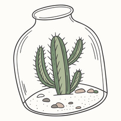 Cute cartoon illustration of a green cactus with spines inside a clear glass jar terrarium with pebbles and sand