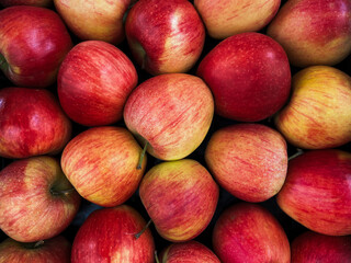 A top view photo of ripe apples neatly arranged and filling the entire frame. The apples create a colorful food background, perfect for themes of health, nutrition, farming, and seasonal harvest.