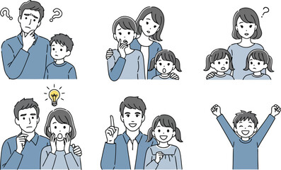 3d family expressing various emotions and situations