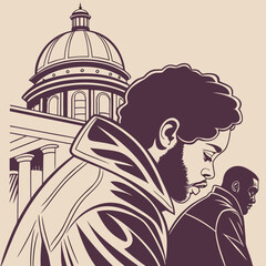 Two black men pondering future decisions in front of a grand architectural building