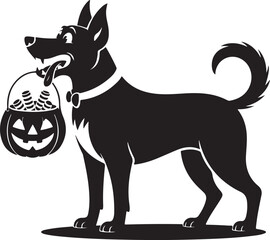 Halloween dog carrying pumpkin bucket silhouette vector