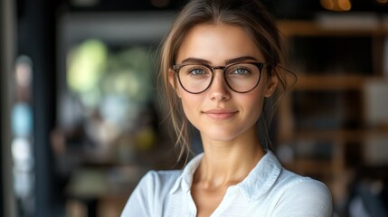 Fototapeta premium A confident young woman, wearing glasses, exudes a professional and approachable aura in a softly lit interior setting.