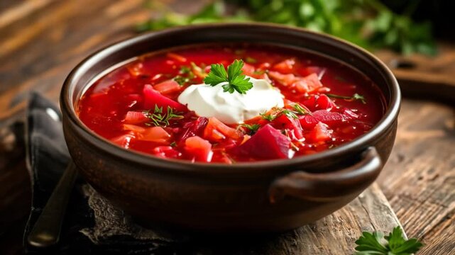 Borscht in Brown Bowl on Wooden Table with Garnishes Bright Red Soup with Whipped Cream and Parsley Traditional Rustic Meal Classic Cuisine Still Life