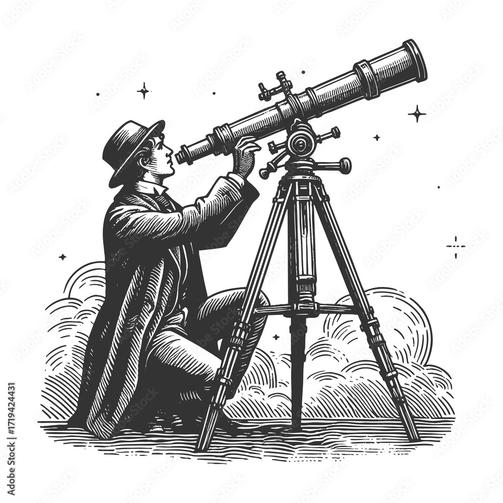 Aufkleber man in a hat using a telescope on a tripod, symbolizing science and discovery sketch engraving gener