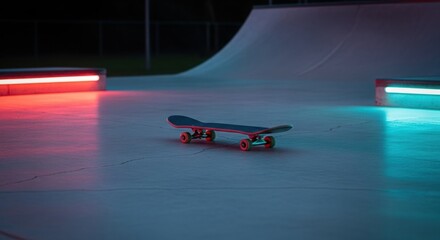 Skateboard on concrete skatepark illuminated with neon red and blue lights at night