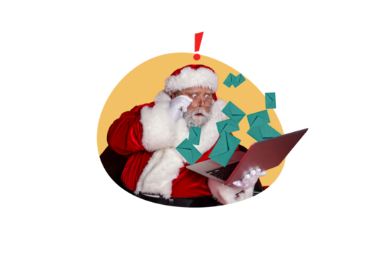 Composite trend artwork sketch collage of merry christmas new year holiday celebration aged man santa claus shocked laptop letter envelope