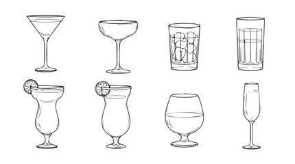 Collection of hand drawn cocktail glasses featuring martini coupe highball beer brandy and champagne styles silhouette