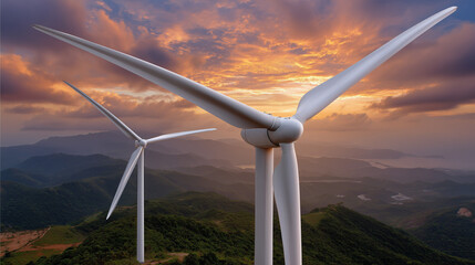 The image shows large wind turbines standing on a mountain range at sunset, their blades turning gracefully against a dramatic sky filled with glowing orange and purple clouds. The scene highlights th