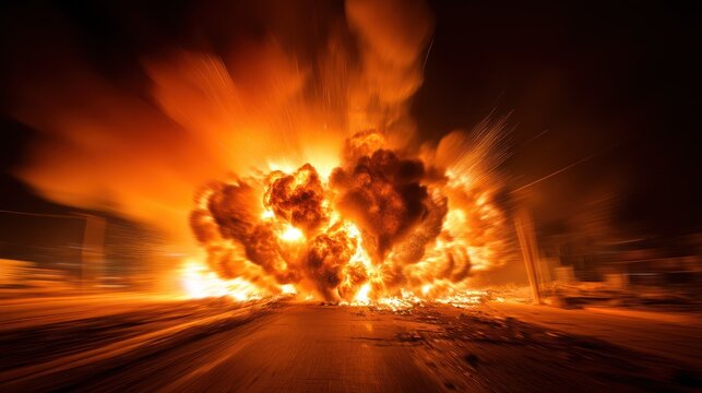 Dramatic explosion with intense flames and smoke filling the night sky atmosphere