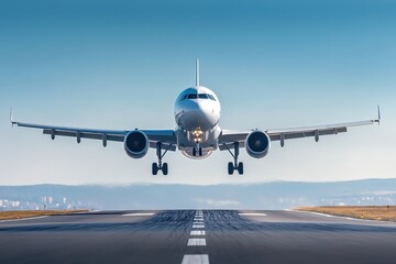 Naklejka premium Commercial airplane is captured mid landing on clear day with bright blue sky, showing aircraft front view and runway details, evoking sense of precision and calm