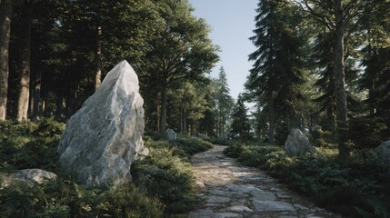 Serene Forest Path with Towering Trees and Rock Formations, Nature's Beauty