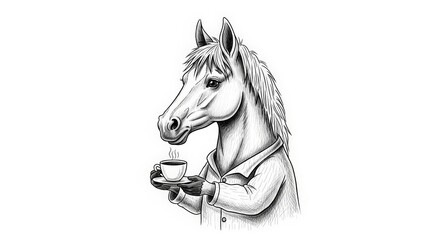 A detailed pencil sketch of a horse wearing a shirt and holding a cup of steaming coffee.