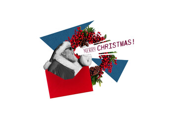 Composite trend artwork sketch image collage of merry christmas new year holiday celebration aged man santa claus hat eyewear proclaim