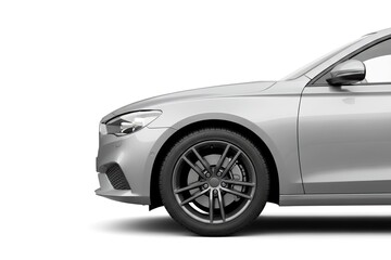 Sleek silver sedan with modern design features, showcasing a stylish profile and elegant wheel, perfect for automotive enthusiasts and design inspiration