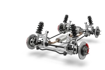 Automotive suspension system with detailed components including shock absorbers, springs, and brake discs, showcasing engineering precision and mechanical design in a clean environment