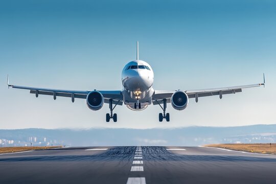 Commercial airplane is captured mid landing on clear day with bright blue sky, showing aircraft front view and runway details, evoking sense of precision and calm